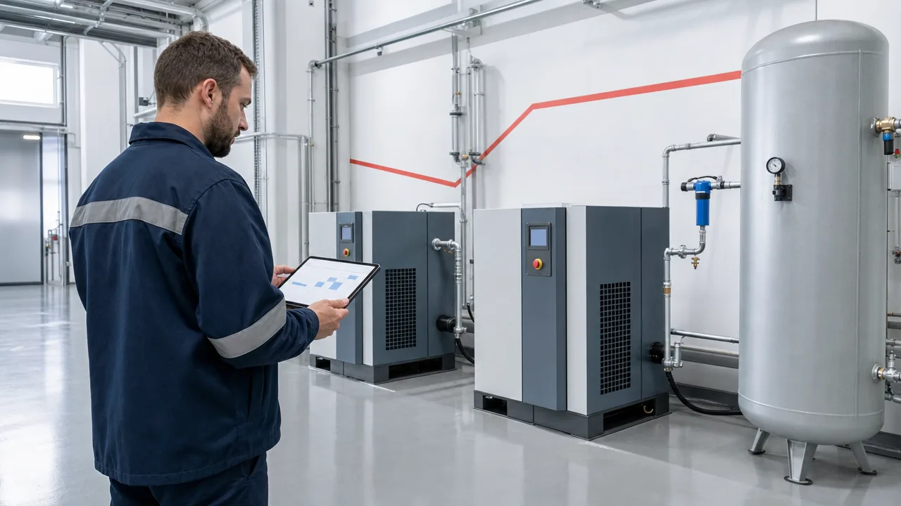 Sprężarkownia ze zbiornikiem sprężonego powietrza jako bufor do przesuwania poboru energii